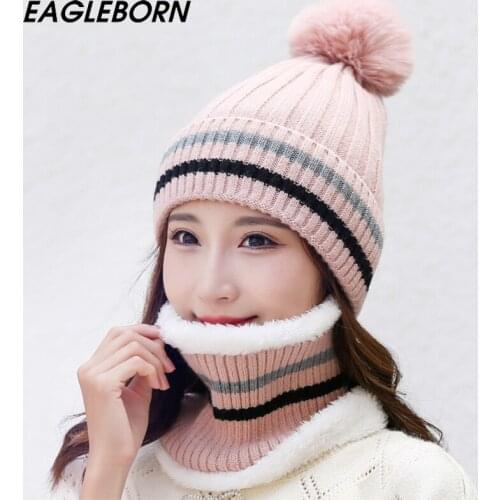 Fashion Knitted Hat Fur Ball Scarf Women Winter Warm Woolen Knitted Hat Cap Collar Winter Women Pink Stripe Hat and Scarf Set