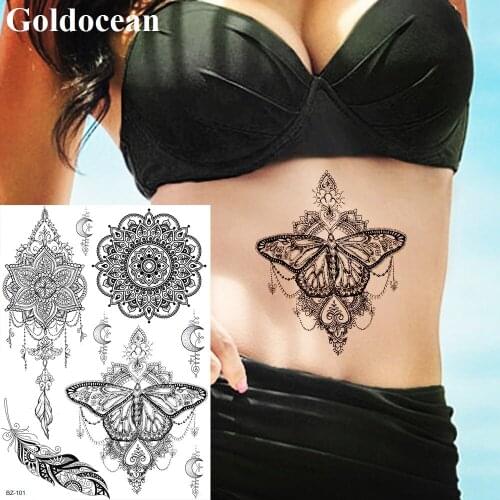 Fashion Women Waist Henna Mandala Flower Tattoos Stickers Black India Lace Feather Tattoo Temporary Body Arm Custom Tato Decals