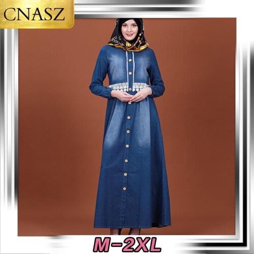 2019 Muslim Womens Clothing New Korean Embroidery Fashion Slim Denim Dress Abaya Dubai Islamic Hijab Dress