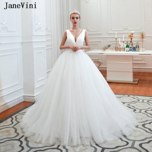 JaneVini Princess Simple Beach Wedding White Dresses Ball Gown 2019 New Deep V Neck Tulle Plus Size Bridal Dress Brautkleid Boho