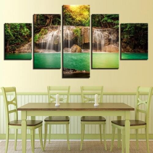 Modern Canvas Pictures HD Printed Wall Art Unframed 5 Pieces Waterfall Mountain Lake Trees Natural Scenery Living Room