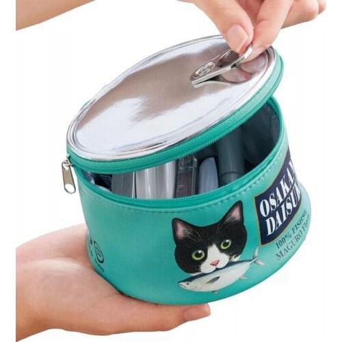 Large-capacity Storage Bag for lady Canned Type Cosmetic Creative Cat Eating Fish Pattern Bag zipper type