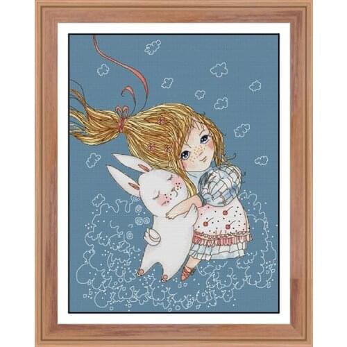 Joy Sunday Cross Stitch Embroidery Needlework Kits Counted Girl and Rabbit Stamped Patterns Thread 11CT 14CT Printed Fabric Sets