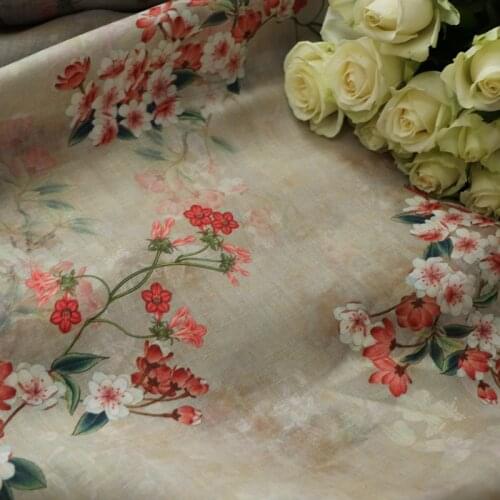 High quality natural pure ramie fabric Peach blossom Print fabric for dress Fashionable womens dress robe cheongsam tissu