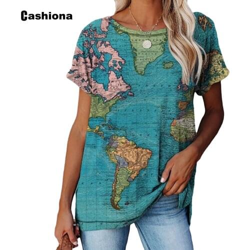 Women Elegant Leisure Casual T-shirt Trend World Map Print Tees Clothing Plus size Femme the Top 2021 Summer Model T shirt