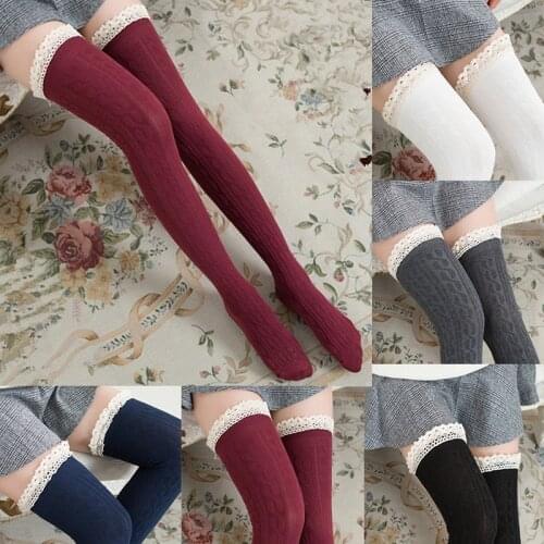 Womens Lace Vertical Stripes Cute Figure Sexy Stockings Cotton Sweet Knee-Highs Thin Anti Slip Thigh Socks Lolita Harajuku
