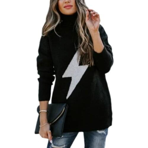 2020 Autumn Winter Turtleneck Women Casual Knitted Sweater Women Long Sleeve Printed Lightning Female Loose Sweaters Pullovers