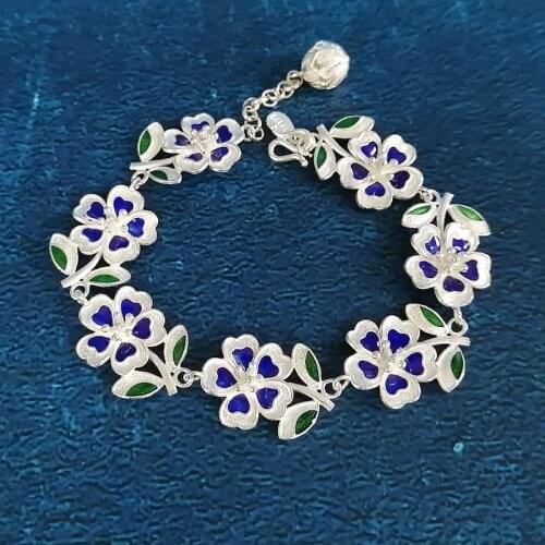 Bastiee 999 PureSilver Bracelet For Women Flower Hand Chain Cloisonne Enamel Jewelry Charm Chinese Handmade Ethnic Blue Bangle