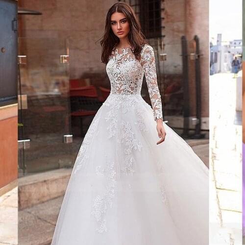 Elegant Tulle Jewel Wedding Dress Neckline Robe De Mariee Bodice A-line With Lace Appliques Beadings Long Sleeves Bridal Dress