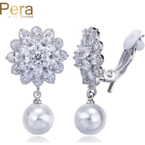 Pera Elegant Women Party Non Pierced Earrings Big Flower Shape Cubic Zirconia Long Clip On Ear With Round Pearl Jewelry E259