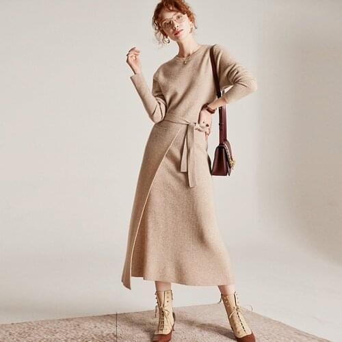 100% Cashmere Women Dress Pullover Long Sleeves Lace Up 4 Colors Ladies Casual Coat Knitwear New Fashion