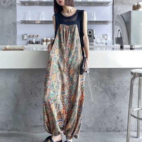 Size 5XL 125kg Summer Women Jumpsuits Floral Print Long Pants Sleeveless Vintage Jumpsuit Romper Streetwear Overalls