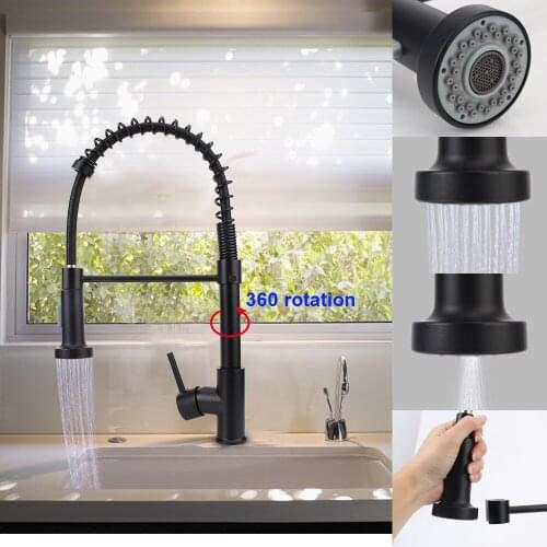 Matte Black Kitchen Sink Kitchen Faucet Deck Mounted Mixer Tap Spring Style with Spray Mixers Taps 360 Degree Rotation