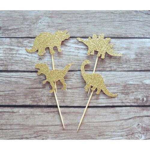 Set of 12pcs Dinosaur Cupcake Toppers - Gold Glitter Toppers, Roar, Dinosaur Birthday Party, Lets Rawr