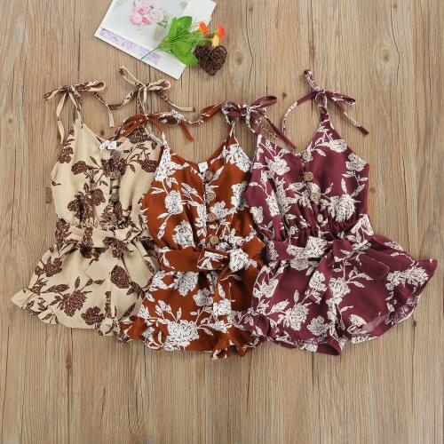 Toddler Baby Girls Floral Print Sling Romper with Ruffles Infant Kids Outwear Cotton Sleeveless Jumpsuit with Waistband Clothes