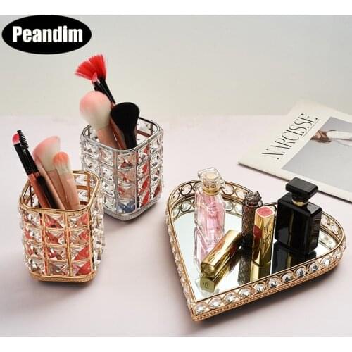 PEANDIM Nordic Heart Crystal Makeup Brush Pencil Container Gold Mirror Tray Table Jewelry Storage Home Candle Holder Decorative