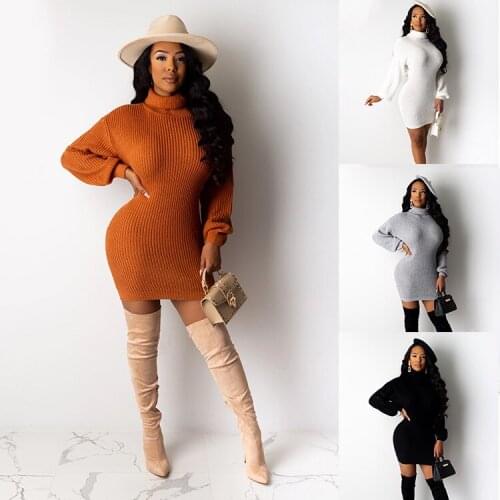 Autumn Winter 2020 Fashion 5 Colors Women Long Sleeve Solid Color Knitted Dress Turtleneck Bodycon Causal Mini Sweater Dress