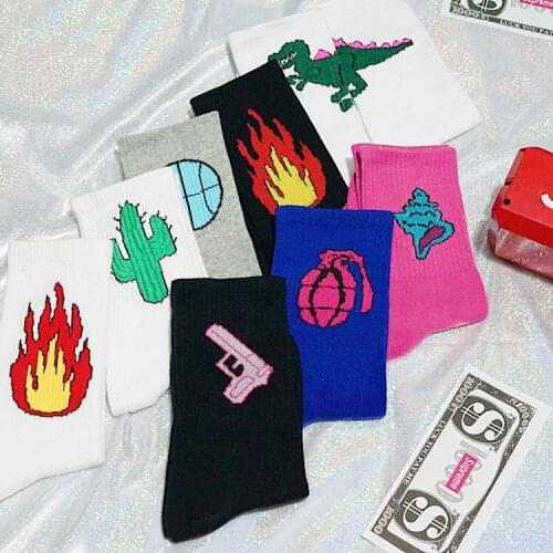 Street Fashion Cotton Adult Dinosaur Middle Calf Crew Socks Fire Splash Flame Blaze Conch Sea Snail Whelk Pistol Handgun Cactus