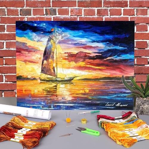 Evening Sailing In Cancun Pre-Printed 11CT Cross-Stitch Embroidery Patterns DMC Threads Sewing Handicraft Painting Design