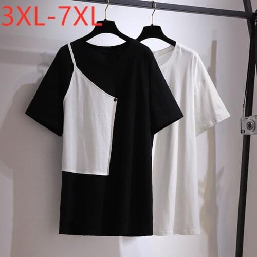 New 2021 Ladies Summer Plus Size Tops For Women Large Short Sleeve Loose Patchwork Black Cotton long T-shirt 3XL 4XL 5XL 6XL 7XL