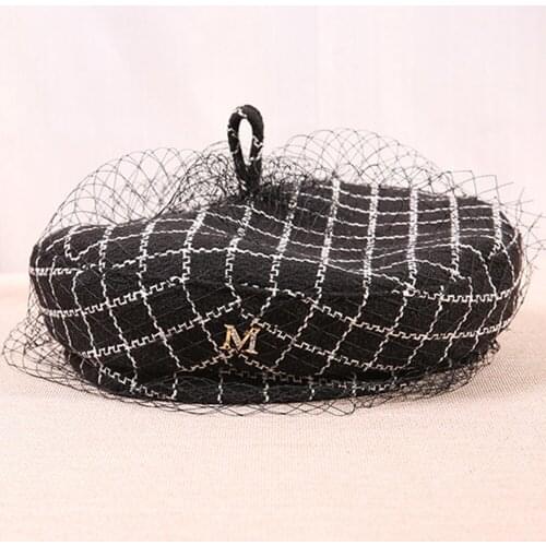 FS 2021 French Artist Berets Hat With Veil For Women Female Winter Fashion Black Plaid Painter Octagonal Hats Casual Caps