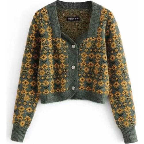 2021 Green Jacquard Vintage Daisy Sweater Ladies Cardigan Spring Autumn New Short Elegant Art Acrylic Woman Knitting Retro Coat