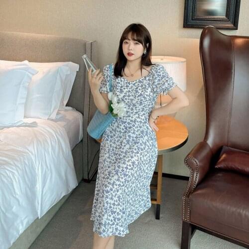 Womens Summer Long French Floral Puff Sleeve Slim Plus Size Dress