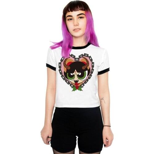 2021 Summer Women Fashion White Pink T-Shirt Cartoon Funny Powerpuff Girls Printed Tshirts Ladies Party Home Sexy Slim Wear Tees