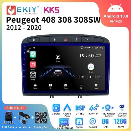 EKIY 1280*720P Android 10.0 Car Radio For Peugeot 308 2007-2013 408 2011-2014 Carplay Stereo Navigation GPS Head Unit Bluetooth