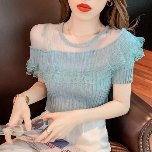 Blouse Women Lace Mesh Ruffles Perspective Knitted Shirts Summer Style Korean Female Clothes O-neck Slim Ladies Tops New