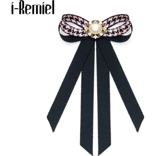 I-Remiel Korean Fashion Bow Knot Houndstooth Bow Tie Brooch Pin Flower Crystal Pearl Brooches Shirt Collar Clothing Accessories