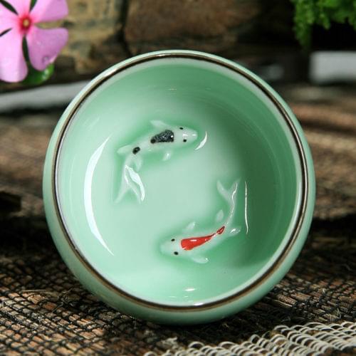[GRANDNESS] Longquan Celadon Cup Ceramic Kungfu Teacup Tea Cup Double Fish 30ml