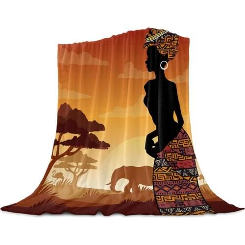 Africa Woman Giraffe Elephant Silhouettes Throw Blanket for Sofa Christmas Decor Bedspread Portable Microfiber Flannel Blanket
