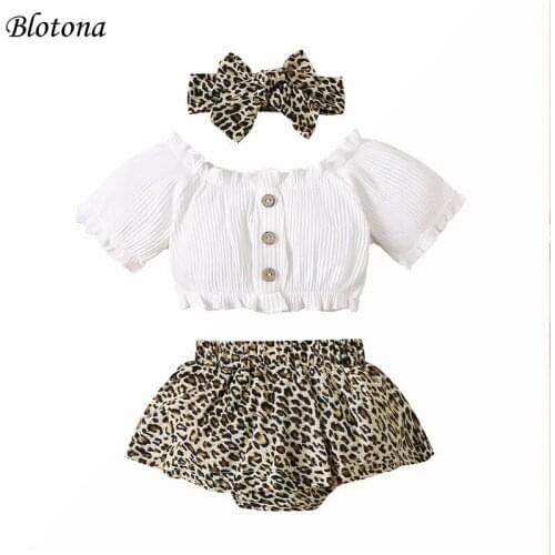 Blotona 3Pcs Baby Girls Outfit, Summer Solid Color Short Sleeve Stringy Selvedge Tops + Leopard Shorts + Bow Headwear Set， 0-24M