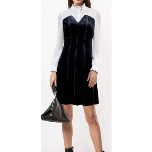Patchwork Mesh Women Long Sleeve Dress Fashion Pleated Mini Casual Dresses 3298