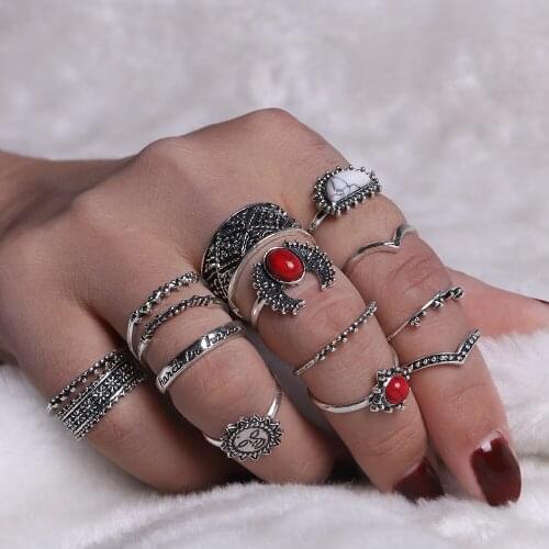 14pcs/Set Vintage Bohemian Midi Finger Rings Set for Women Mixed Moon Sun Ethnic Red Stone Knuckle Rings Jewelry Gift