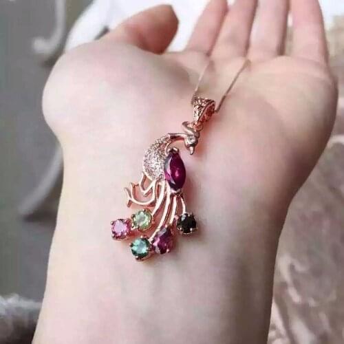Natural multicolor tourmaline pendant 925 sterling silver Natural Gemstone Pendant Necklace identity elegant peacock Phoenix