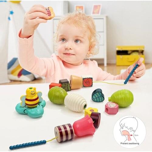New Wooden toys Baby DIY Toy Cartoon Fruit Animal Stringing Threading Wooden beads toy Educational for Children