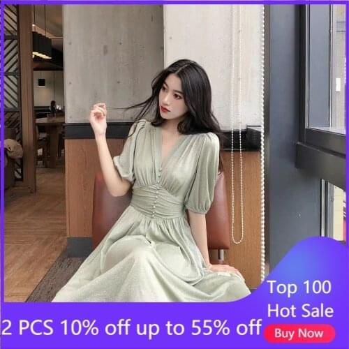 French Style Dress For Women Elegant V Neck Loose High Waist Long Dresses