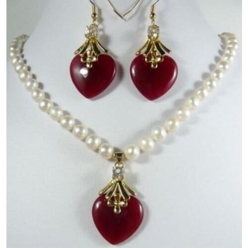 Charm 7-8mm white pearl necklace 17"& blue jade heart jades earring pendant