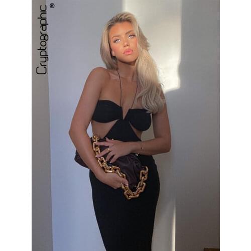 Cryptographic 2021 Summer Spaghetti Strap Halter Sexy Backless Midi Dress Elegant Bandage Sleeveless Club Party Dresses Bodycon