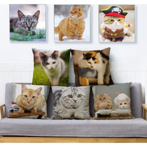 Cute Pet Cat Print Throw Pillow Cover 45*45cm Square Cushion Covers Cotton Linen Pillow Case Car Sofa Home Decor Pillows Cases