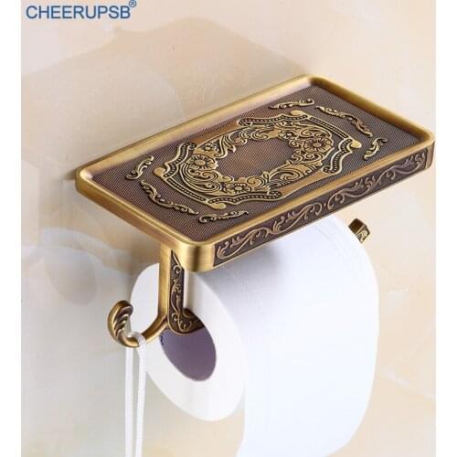 Bathroom Vintage Toilet Paper Holder Washroom WC Roll Paper Holder Phone Support Cell Phone Stand Rose Gold Copper Tissue Rack
