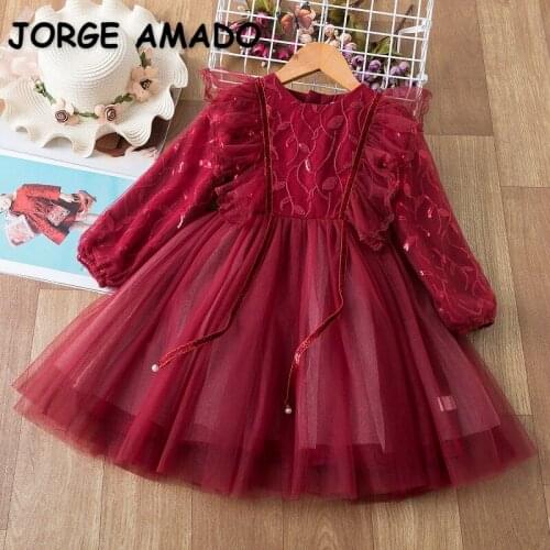 2021 Spring Girls Party Dress Lace Long Sleeves Solid Color Girl Cake Dresses for Weddings Kids Children Clothes E2181