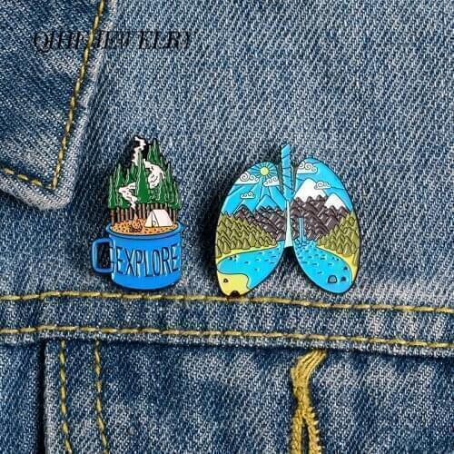 QIHE JEWELRY Landscape In lung Cup Pins Creative EXPLORE Lapel Enamel pins Brooches Badges Clothes Bags pins Gift for Friends