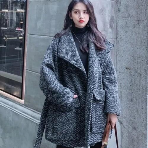 Herstory Woolen Coat For Women 2021 Autumn And Winter New Korean Style Loose Waist Retro Woolen Coat
