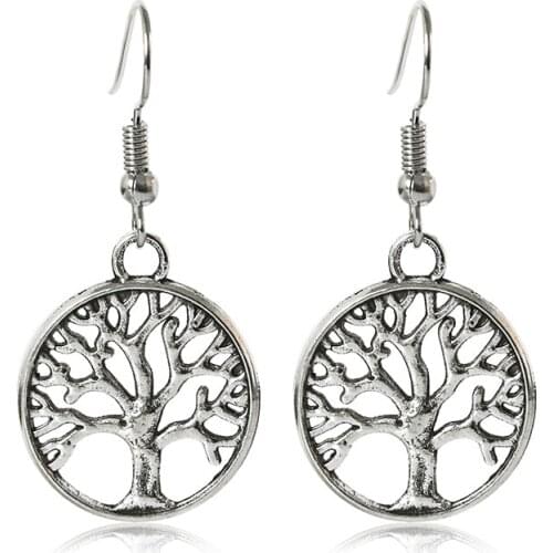 12 Pair Dangle Earrings Tree Of Life Drop Earring Women Antique Silver Color Charm Jewelry Hollow Hanging Eardrop Accessories