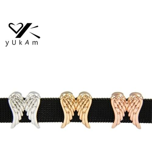 YUKAM Jewelry Silver Color Feather Angel Wings Slide Charms Keeper for Reversible Leather Wrap Mesh Bracelets Accessories Making