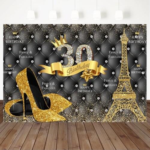 Happy 30th Birthday Backdrop Diamond Golden Flash Eiffel Tower High Heels Ms Thirty Birthday Banner Photography Background