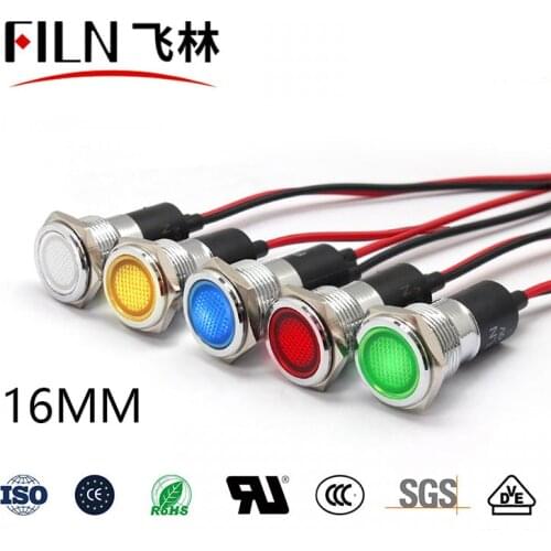 FILN Metal Flat head 16mm red green high-brightness 12v 220v led signal lamp led indicator lamp with cable